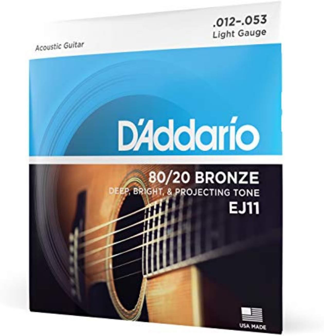D'Addario Acoustic Guitar Strings, 80/20 Bronze, EJ11, Light Gauge 12-53, 6-String Set, Pack of 1