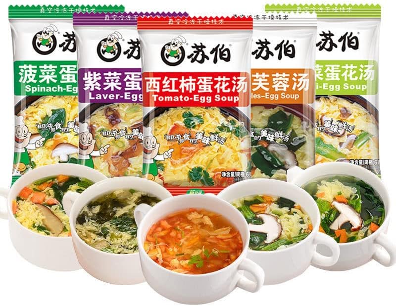 Instant vegetable Soup,Wild greens Seaweed,cabbage,spinach,fresh vegetables,tomatoes soup,6g/bag,Variety Flavor,Chinese Food,Healthy and Nutritious Ready-to-Eat Breakfast (Mixed flavors,5bags)