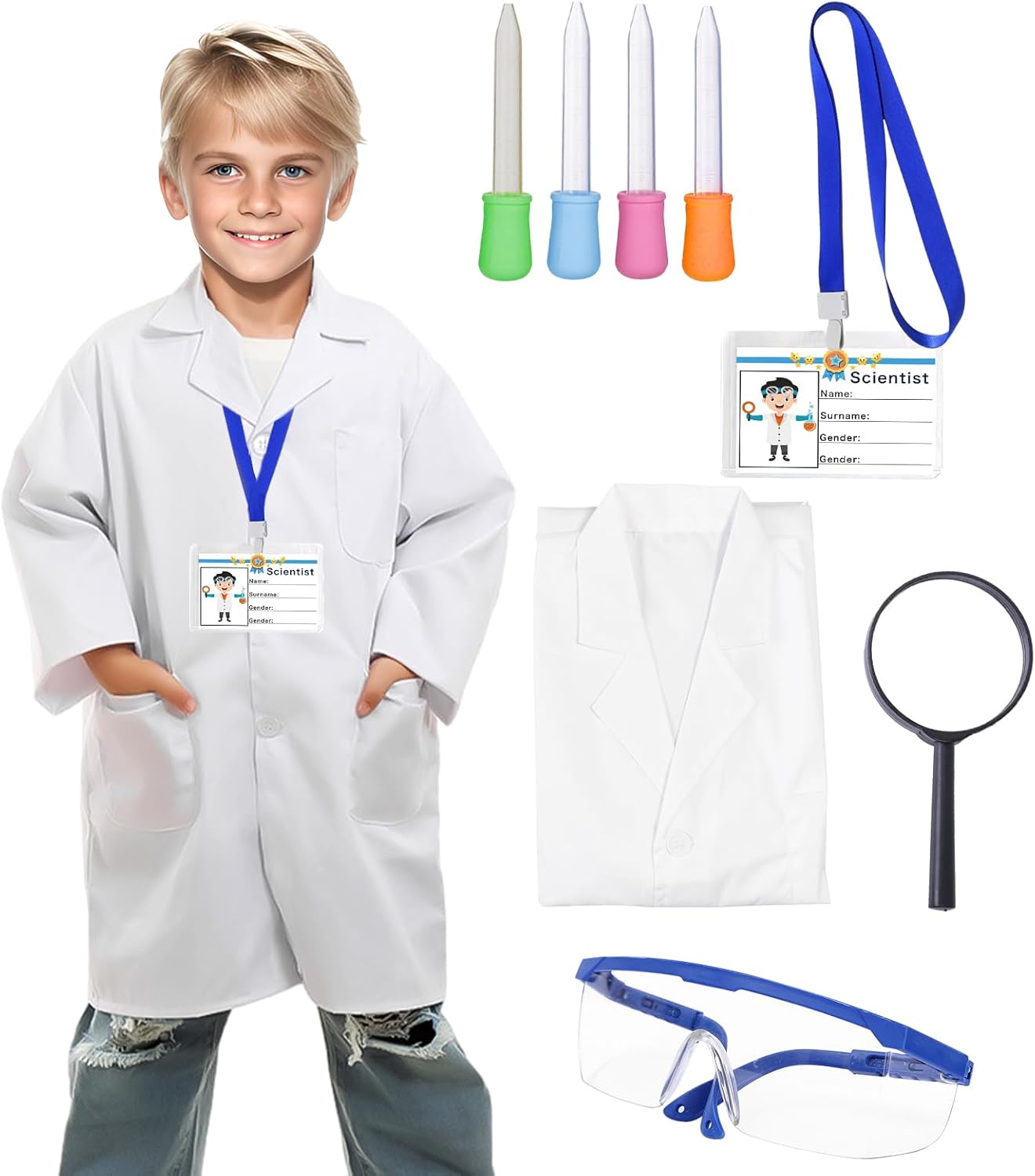 Amycute 8Pcs Kids Scientist Costume Set, Kids Doctor White Lab Coat with ID Card, Goggles, Magnifier and Droppers, Children Scientist Doctor Role Play Fancy Dress Outfits for Boys Girls Age 3-10