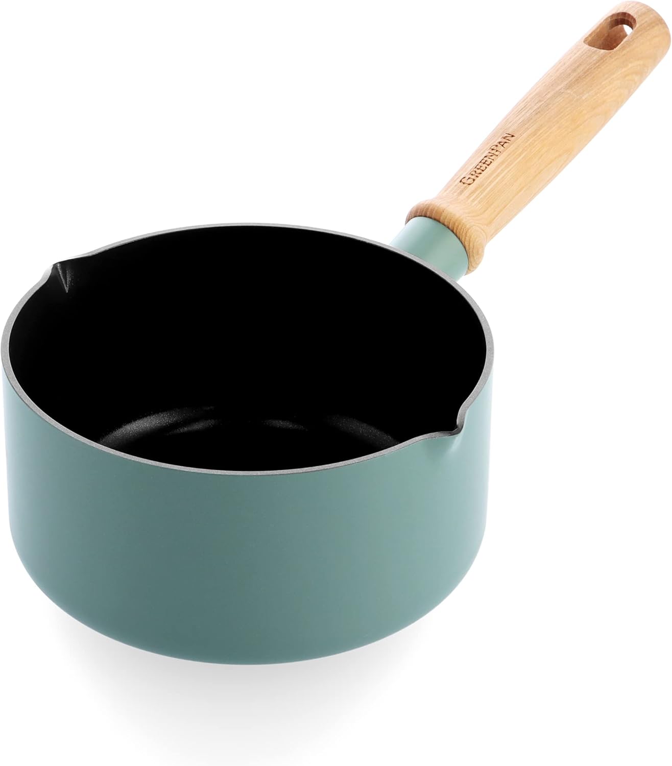 GreenPan Mayflower Healthy Ceramic Non-Stick 16 cm/1.6 Litre Saucepan with Pour Spouts, Vintage Wood Handle, PFAS-Free, Induction, Smoky Blue, Blue