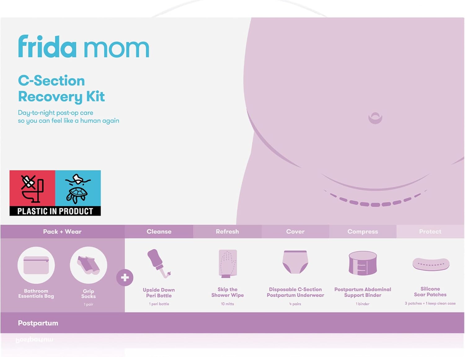 Frida Mom Postpartum Kit for C-Section Recovery with C-Section Belly Band, C-Section Recovery Must Haves, Kit Includes Socks, Disposable Underwear, Peri Bottle, Cleansing Wipes, and Scar Patches