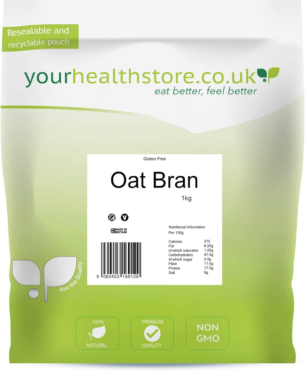 yourhealthstore® Premium Gluten Free Oat Bran 1kg, Made in Britain, (Recyclable Pouch)