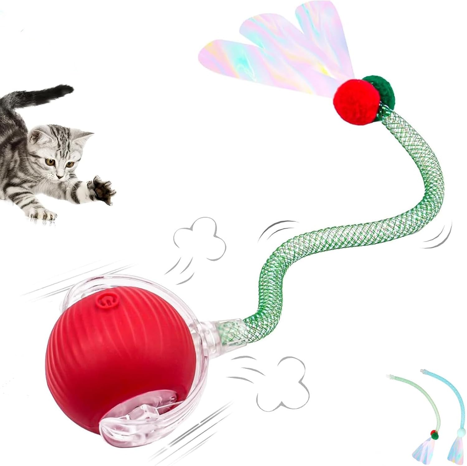 SUPERSUN Interactive Cat Toy Balls, Automatic Rolling Cat Tease Ball with Bird Chirping Sound & 3 Modes, Rechargeable USB Kitten Toys for Indoor Cats, 2 Fun Flexible Tails Stimulate Hunting Instincts