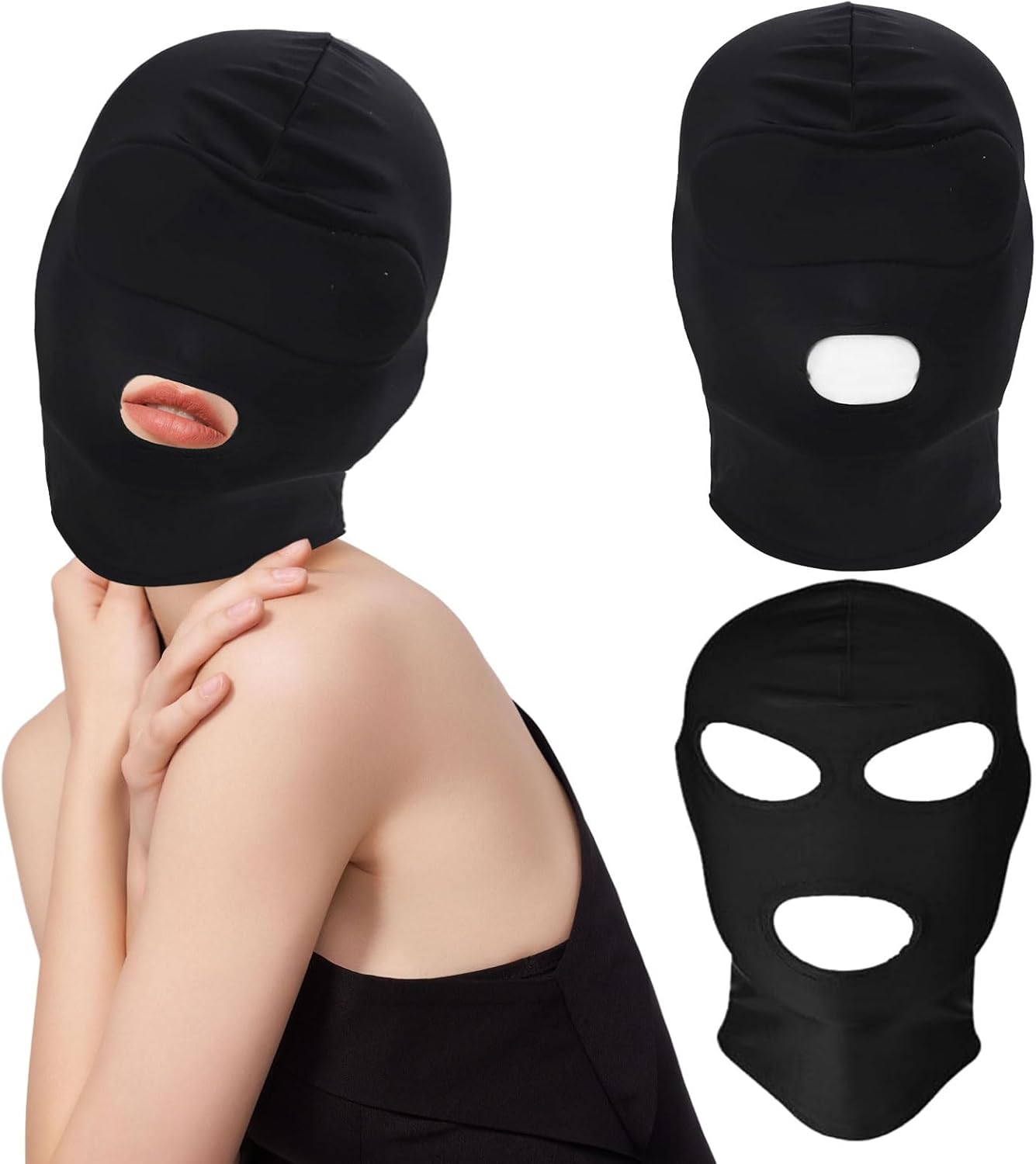 UILYNIU 2 Pcs Unisex Full Cover Hood Mask, Hood Mask, Opened Mouth Show Eyes Face Mask, Elastic Breathable Head Mask, Face Mask for Couple Games Party Carnival Night Role Playing Mask (Black)