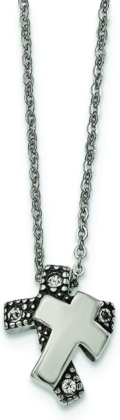 FB Jewels Solid Stainless Steel Antiqued and Polished w/Crystals Cross Necklace