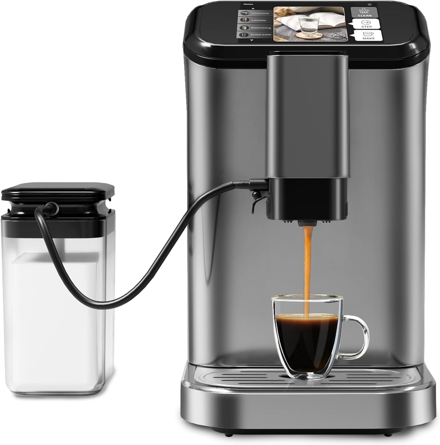 Coffee Machine, Espresso Machine with Milk Frother, Built-In Grinder, Auto-Cleaning, One-Touch Operation, 1.5l Water Tank, Fully Automatic Espresso Maker for Latte, Cappuccino, Macchiato, 1350W
