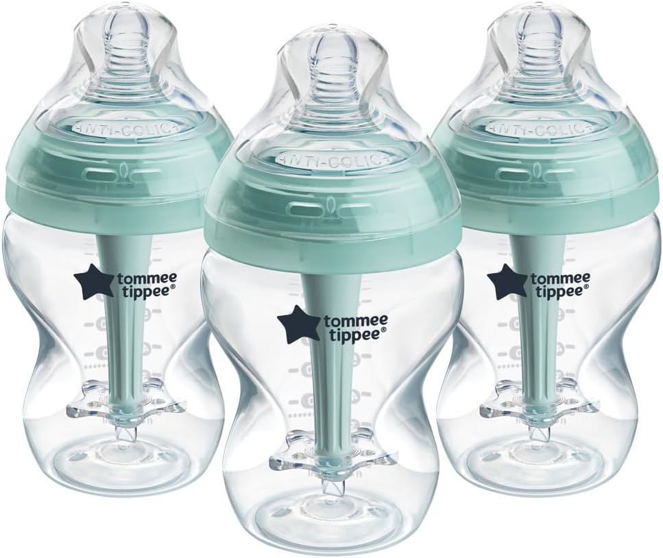 Tommee Tippee Advanced Anti-Colic Baby Bottles for 0m+, Pack of 3 260ml Baby Bottles, with Slow Flow Breast-Like Teat for a Natural Latch, Self-Sterilising and BPA Free, Baby Feeding Essentials