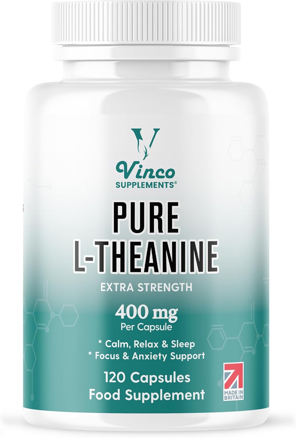 Vinco L-Theanine Supplement - 400mg x 120 High Strength L Theanine Capsules - 99%+ Purity - Supports Sleep & Relaxation - Non-GMO & Gluten Free - Made in The UK