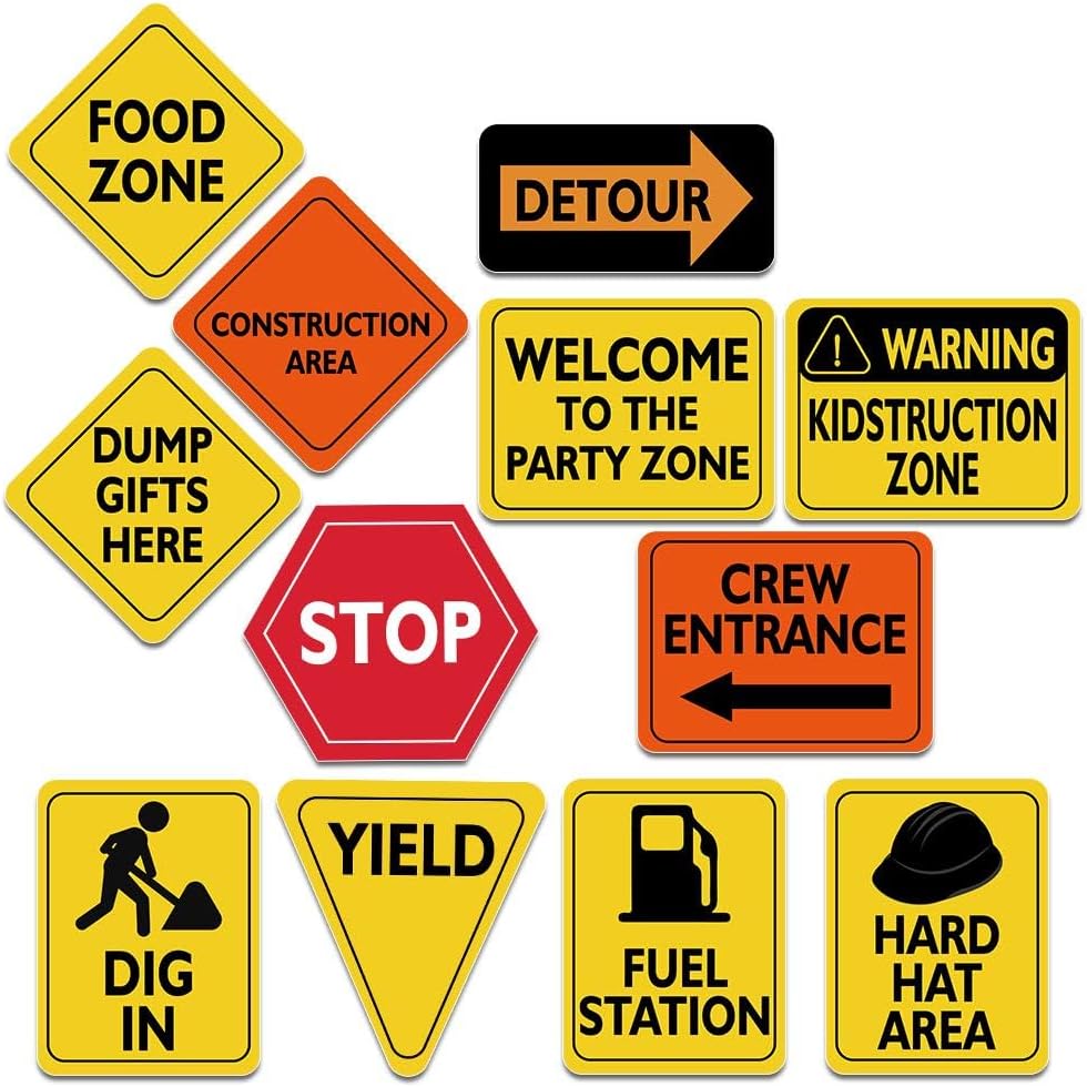 WERNNSAI Construction Party Decorations - 12 PCS Construction Signs Birthday Party Supplies for Boys Kids Truck Birthday Cutouts Traffic Road Signs for Under Construction Party Baby Shower Decorations