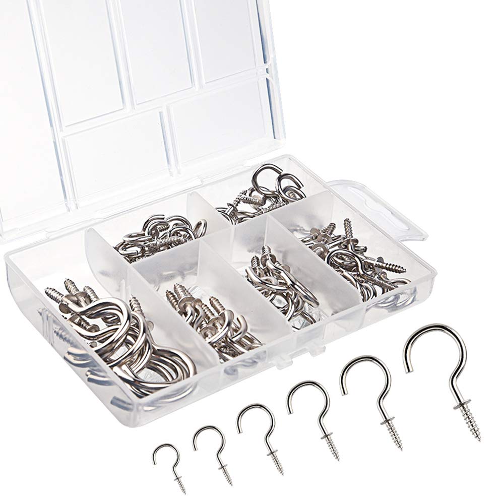 KUUQA 75 Pcs Multi-Size Nickel Plated Metal Ceiling Hooks Screw Cup Hook Holder (Silver)