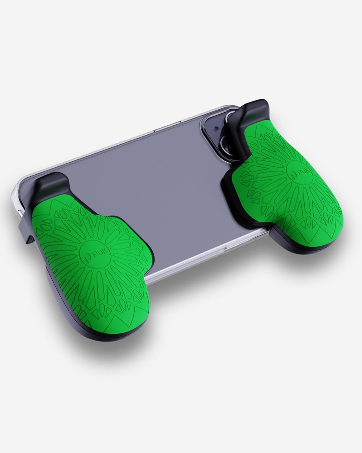 PUK Phone Gaming Grip - Black & Green Ergonomic Mobile Game Handle with Adhesive Pads - Mobile Game Controller Grip to Reduce Hand Fatigue - iPhone and Android Phone Gaming Accessories
