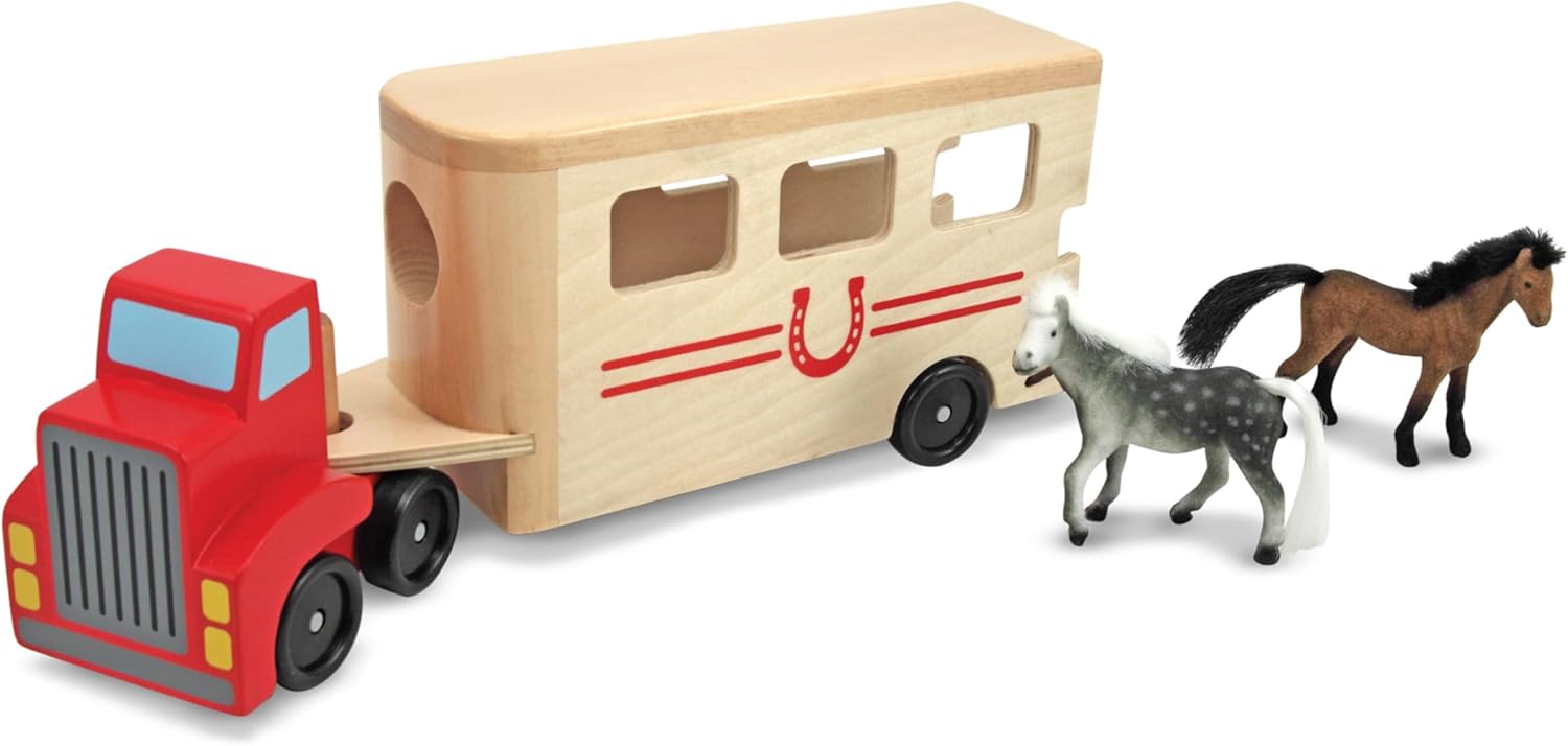 Melissa & Doug Horse Carrier Wooden Vehicle Play Set With 2 Flocked Horses and Pull-Down Ramp Horse Figures, Wooden Trailer Toy For Kids Ages 3+