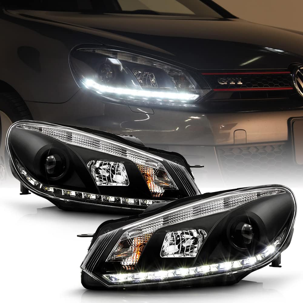 ACANII - For [Halogen Model] 2010-2014 Volkswagen Golf GTi DRL LED Strip Black Housing Projector Headlights Headlamps