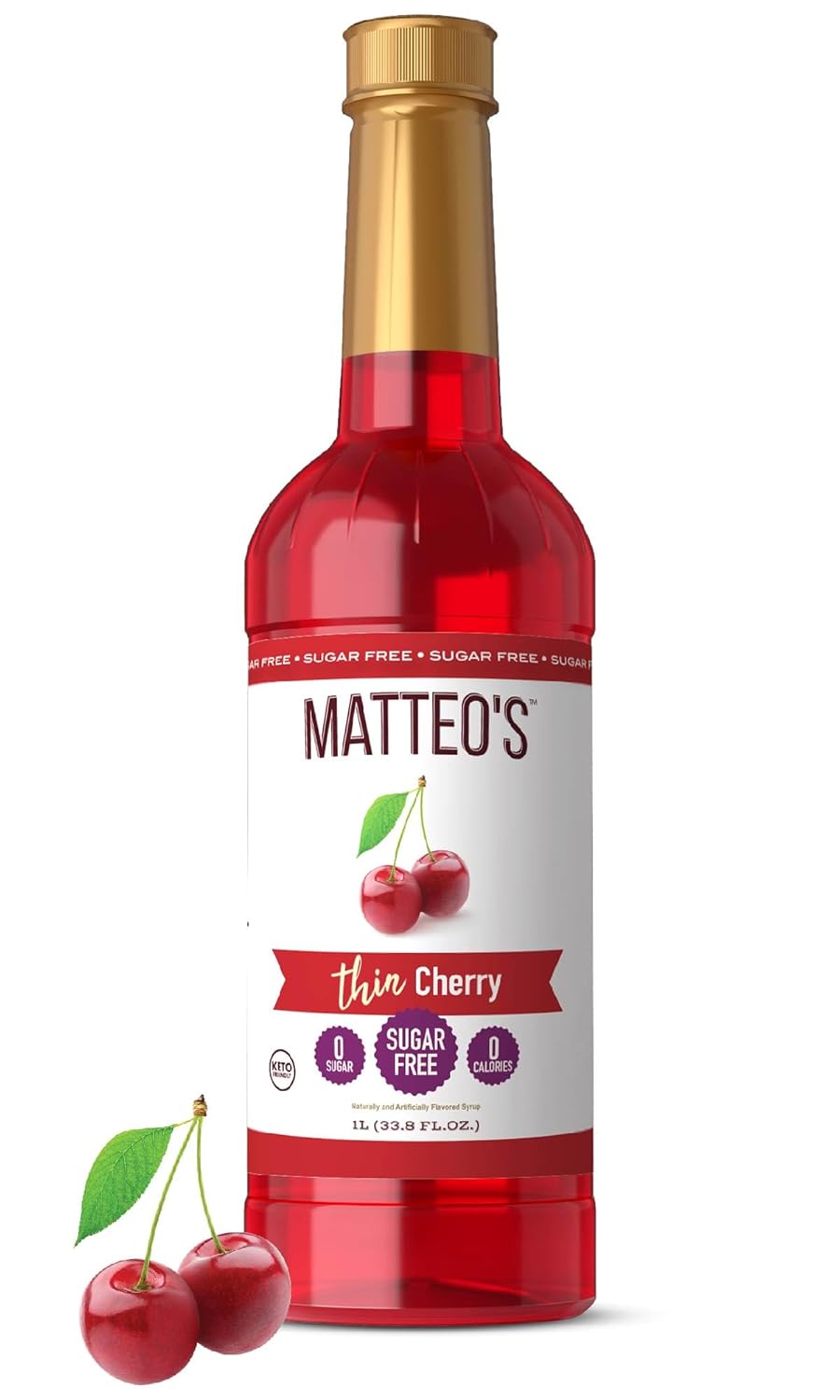 Matteo's Sugar-Free Fruit Syrup, Sweeteners for all types of Beverages - for Pastry, Dessert, Kitchen, Restaurant and Bars, Deep Succulent Cherry Flavor, Tart, Sweet Non-Alcoholic Syrup (33.8oz - 1pk)