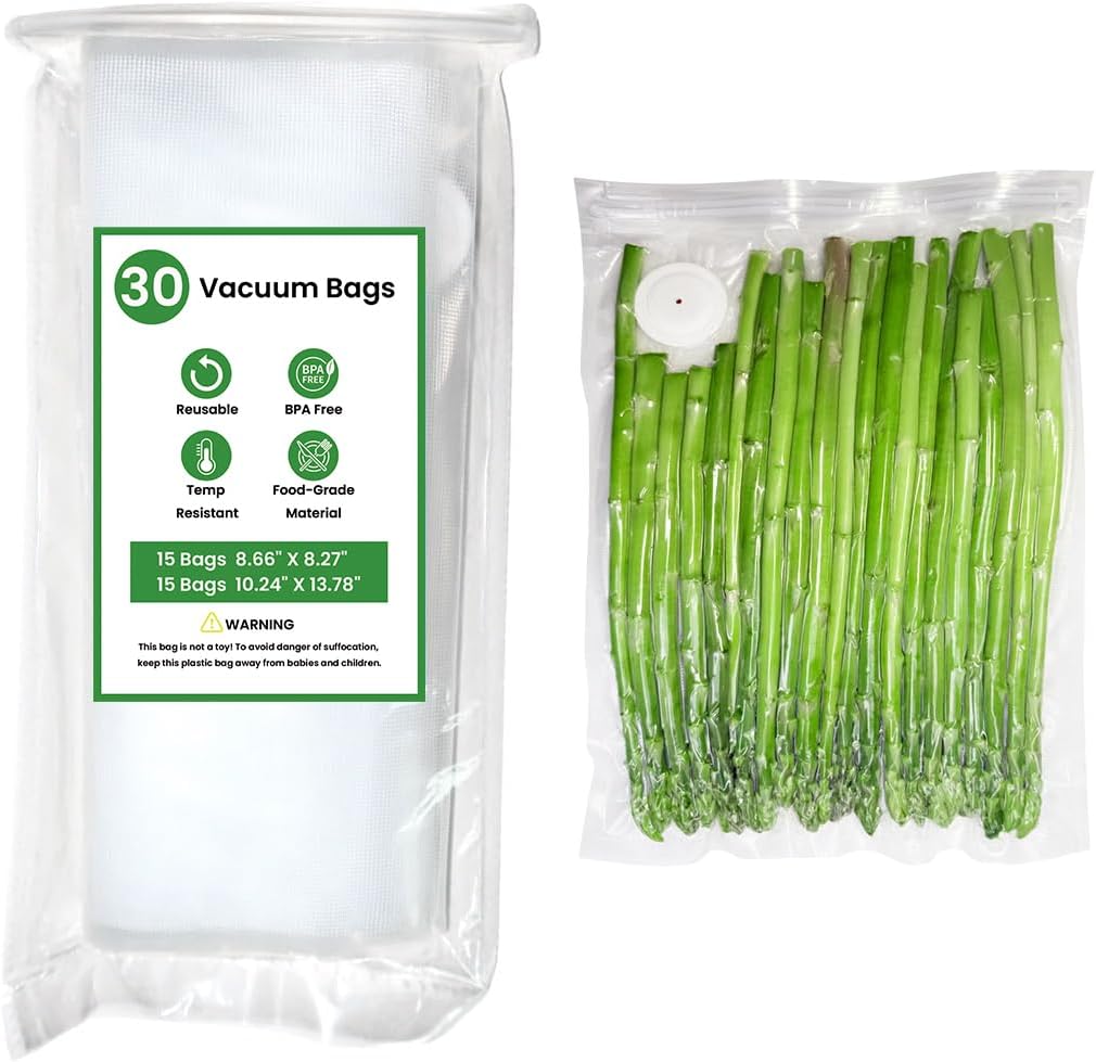 Reusable Vacuum Sealer Bags 30 pcs(8.66"*8.27" & 10.24"*13.78")+ 3 Sealing Clips, 10X Freshness BPA-Free Food Storage Bags, Sous Vide Bags, For Food Preservation and Storage