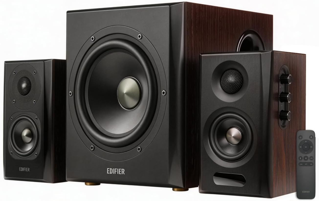 Edifier S355DB 2.1 Powered Bookshelf Speakers with Wireless 8" Subwoofer, 150W Tri-Amp Hi-Res Audio, Computer Speaker System, Bluetooth 6.0 with LDAC, HDMI/Optical/Coaxial Inputs for PC, TV (Walnut)