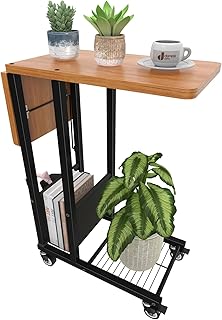 Simple Trending C-Shaped Folding End Table, Folding Small Side Table with Wheels, Laptop Tray Table for Sofa and Bed, Living Room, Bedroom, Black