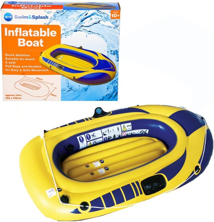 Swim&Splash Inflatable Boat, 196 x 116 cm, Quick Deflation, Pull Rope and Handles, Age 10+, Yellow/Blue
