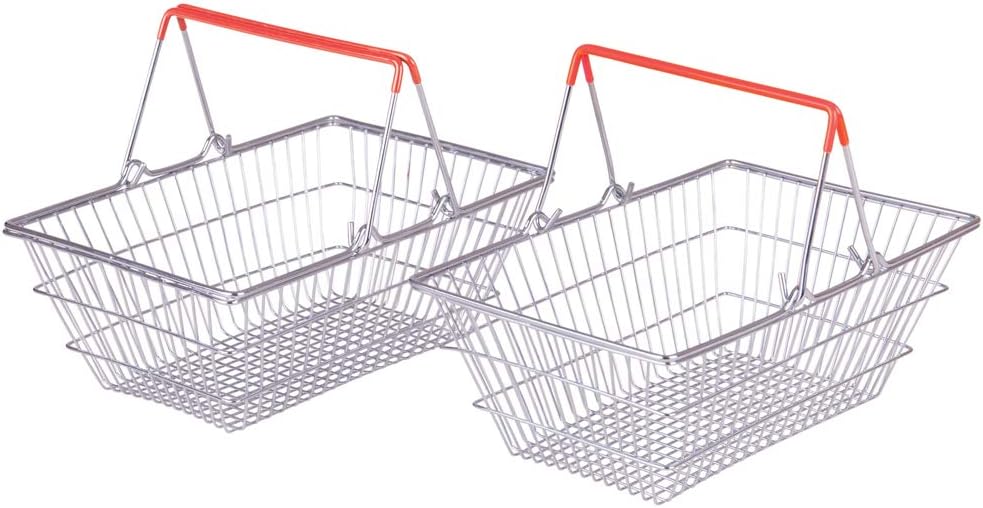 Bigjigs Toys Grocery Shopping Baskets (2 pk) - Realistic Metal Toy Shopping Baskets with Red Handles, Handles Fold Flat for Easy Storage , Pretend Play Toys