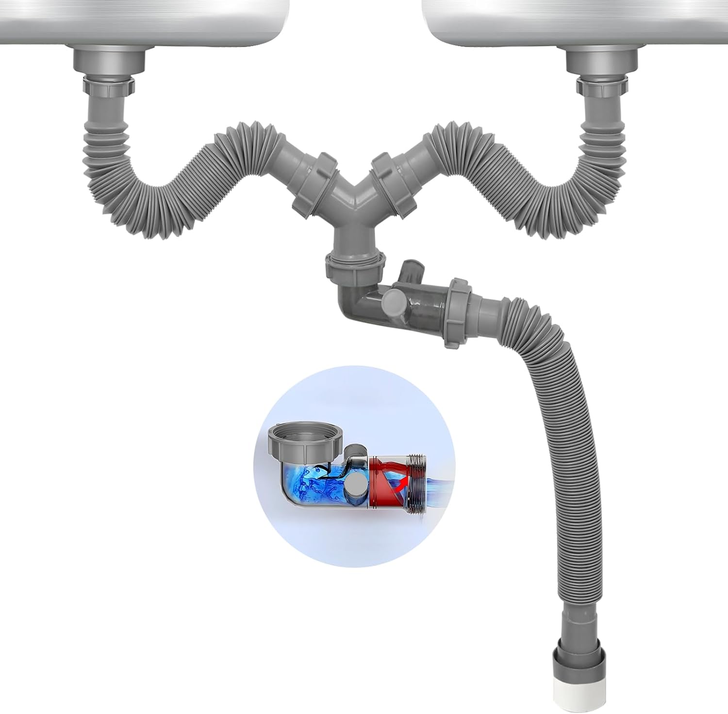 Double Sink Drain Kit Flexible 1 1/2 Inch P-Trap Pipe Comes with Visual One Way Drain Valve 4-Way Connector for Bathroom Kitchen Sink Dishwasher Garbage Disposer Drain Pipe