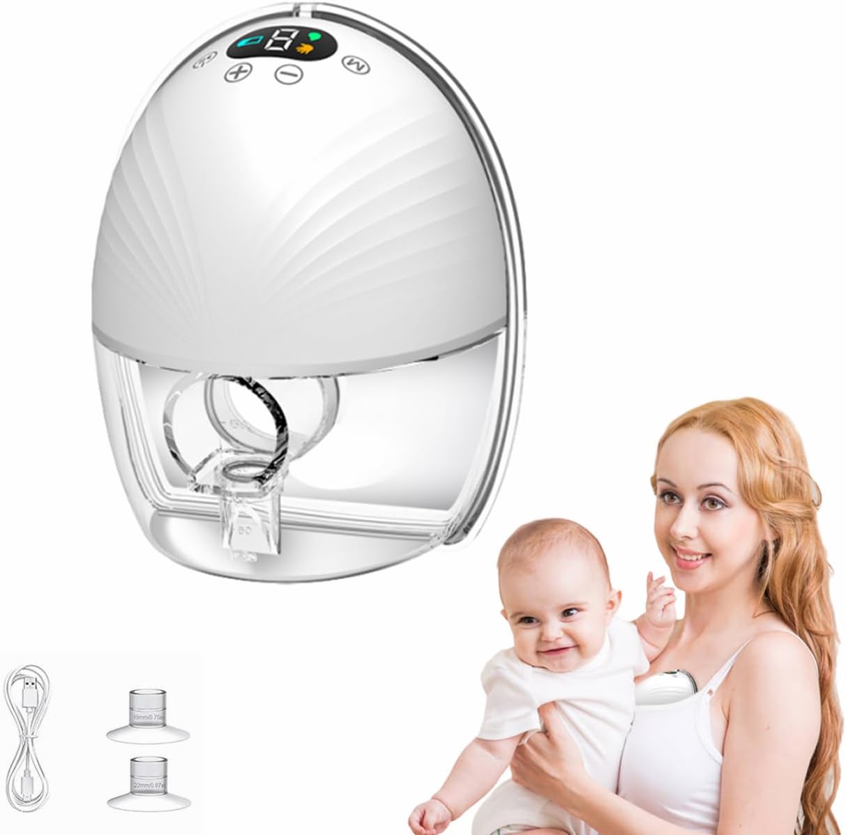 Breast Pump Hands Free,Electric Breast Pump Wearable,Low Noise and Pain Free, 3 Modes & 9 Levels, Electric Breast Pump Portable, Smart Display, 19/21/24mm Insert/Flange, 1 Pack (White)