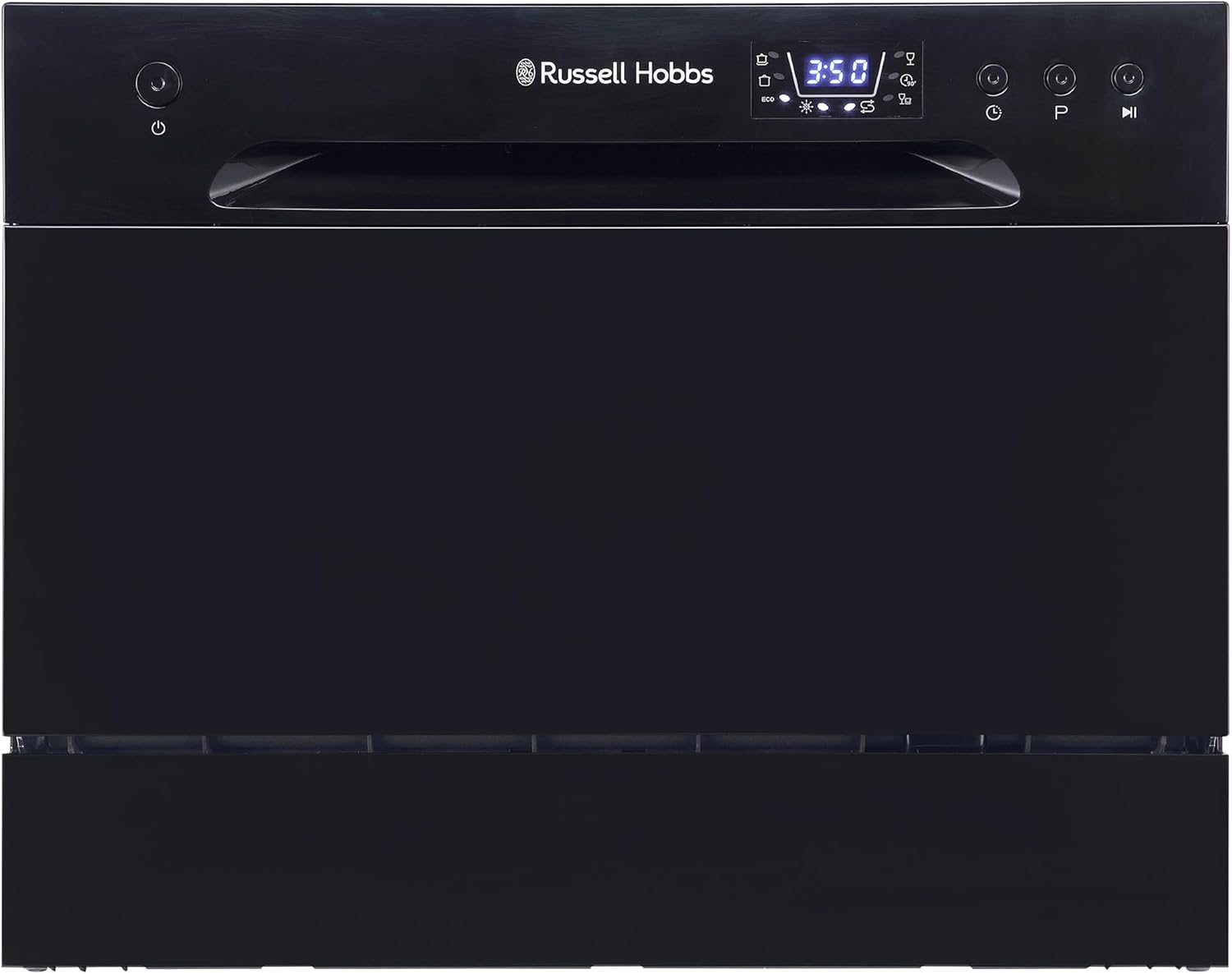 Russell Hobbs Table Top Dishwasher Compact Mini with 6 Place Settings, LED Display, Button Control, 6 Programmes, Portable & Efficient, 24hr Timer, Rinse & Eco Mode in Black, RH6TTDW0D1B