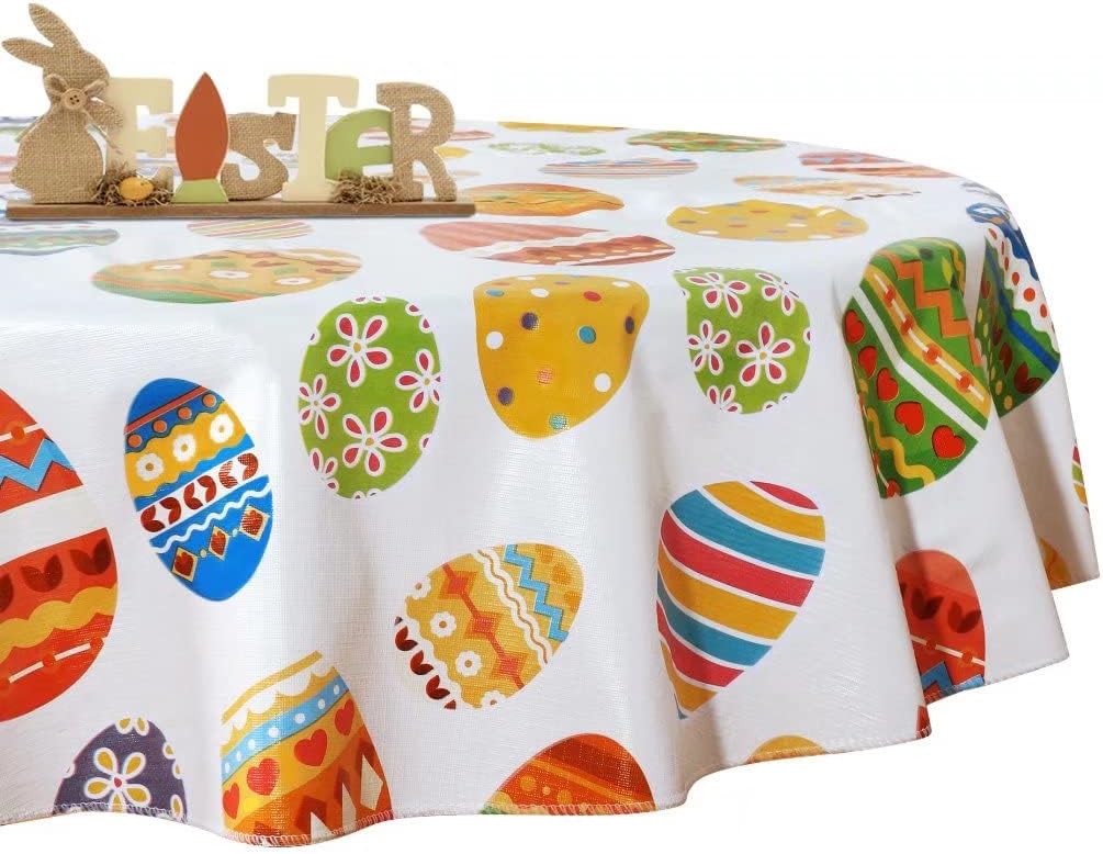Fitable 60" Round Waterproof Easter Egg Pattern Tablecloth