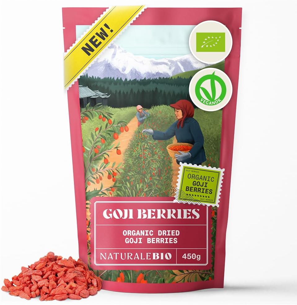 NaturaleBio Goji Berries 450g. Traditional Chinese Dried Fruit. Vegan, high in Fibre. Organic, Non-GMO and Gluten-Free Snack.
