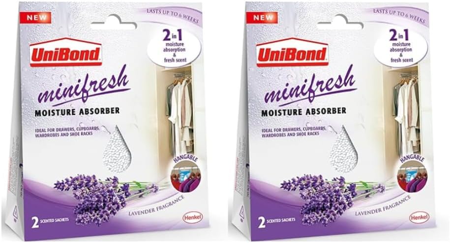 UniBond Minifresh Moisture Absorber, Lavender Fragrance Hangable Sachets, Ideal for Drawers, Cupboards, Wardrobes & Shoeracks, 2 Scented Sachets