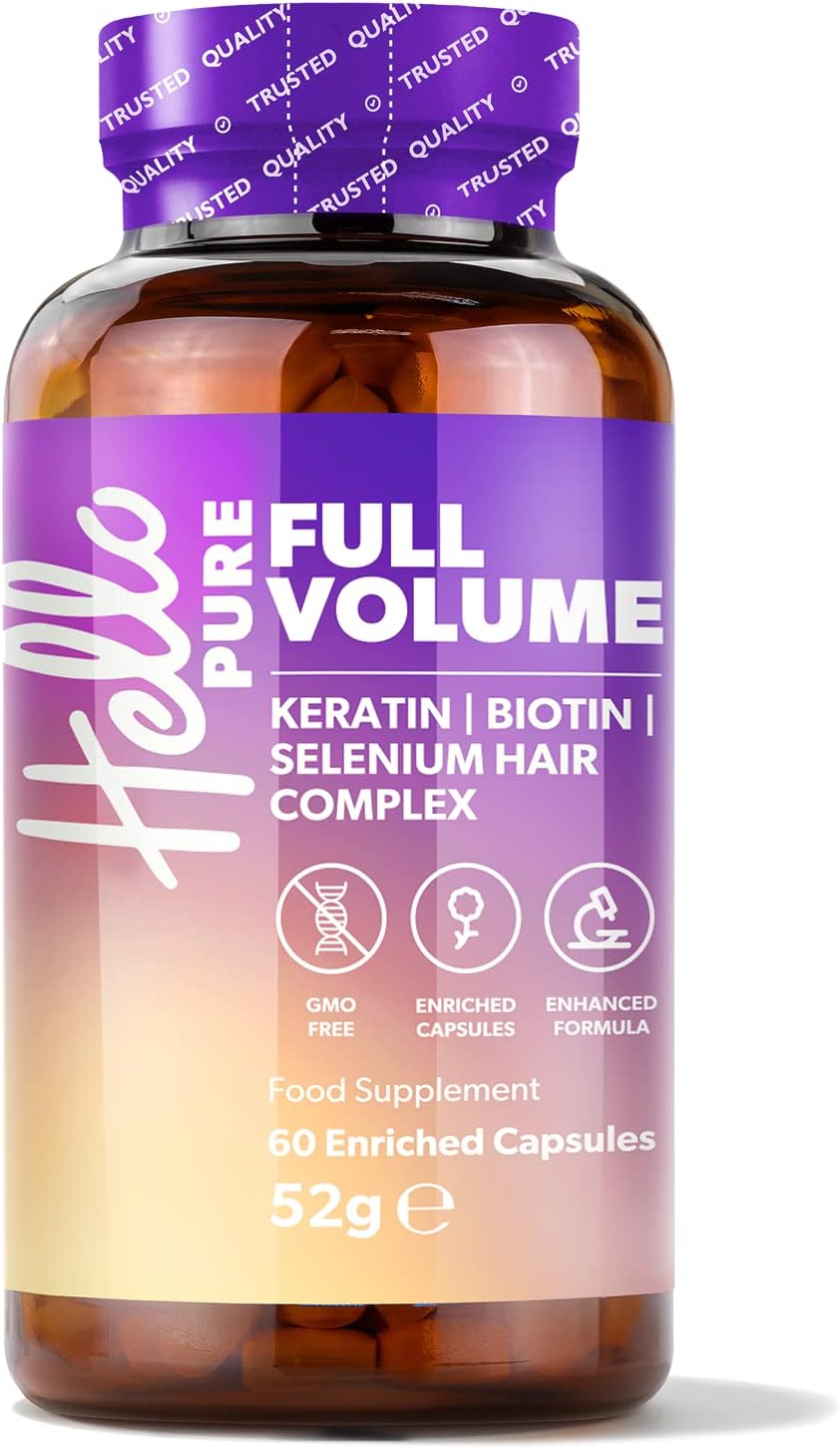 Hello Pure Full Volume Hair Growth Vitamins for Women & Men – 60 Biotin (Vitamin B7) Supplement Capsules - with Keratin, Selenium & Iron, Flaxseed – Skin, Hair & Nails - GMO Free