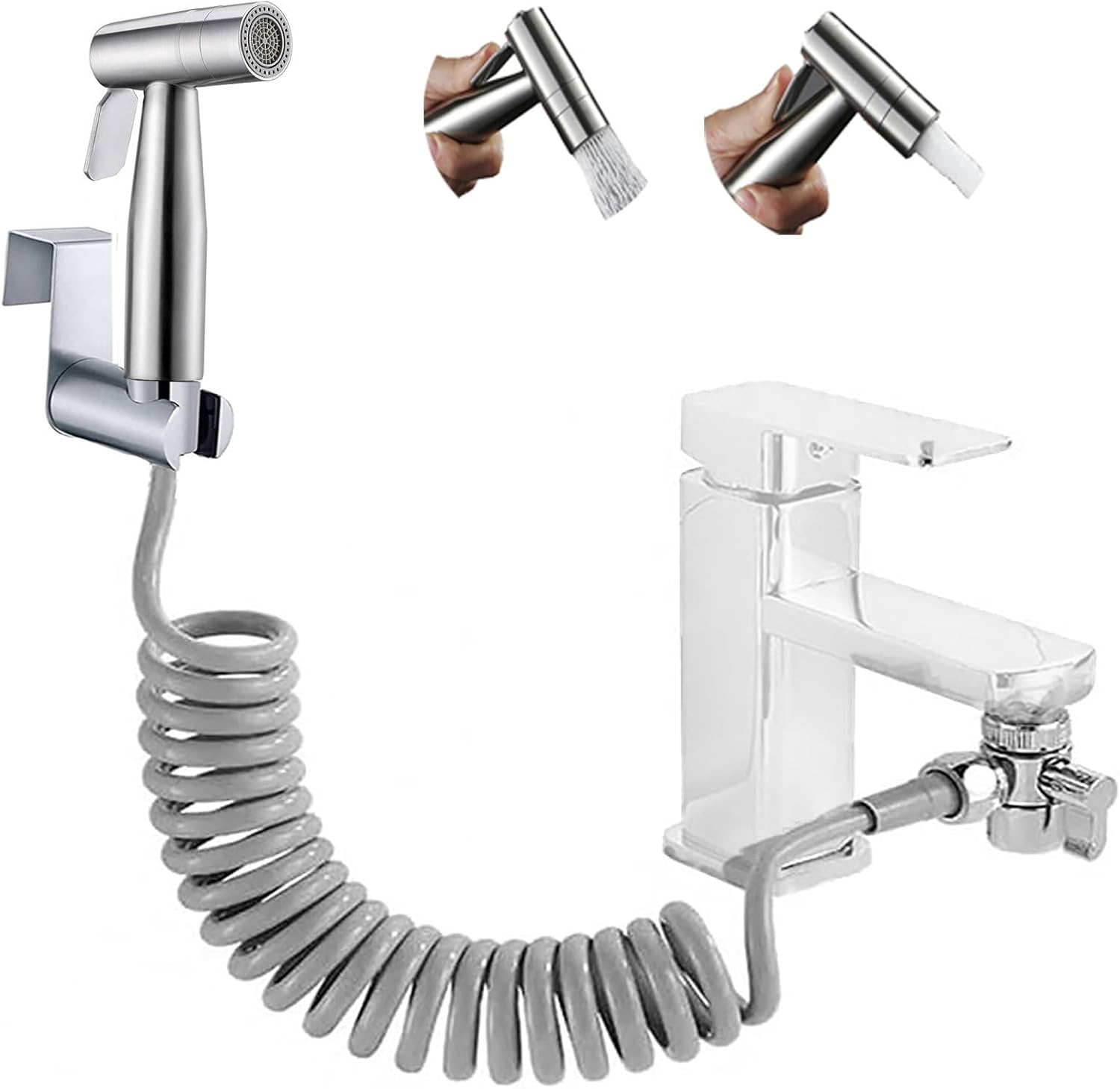 Handheld Bidet Sprayer Dual Function Nozzle Stainless Steel Baby Cloth Diaper Spray Set with Faucet Dispenser Hose Wall Mount Bracket