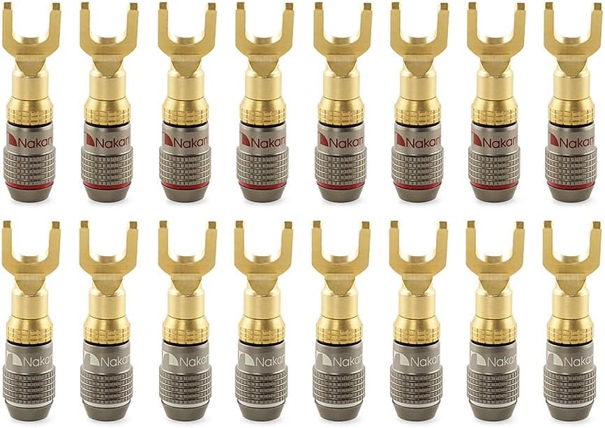 Nakamichi FanLock Excel Series 24k Gold Plated Spade Connector Banana Plug 10 AWG - 18 AWG Gauge Size 4mm for Speakers Amplifier Hi-Fi Home Theatre Wire Cable Quick Connector, 16 Pcs (8-Pairs)