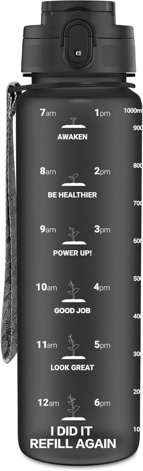 OLDLEY 1L/32oz Sports Water Bottle, 1000ml Motivational Drinks Bottle with Time Markings Leak Proof Drink & Lock Cover & No Straw, BPA Free for Adults Women Men Gym School Cycling Running Hiking