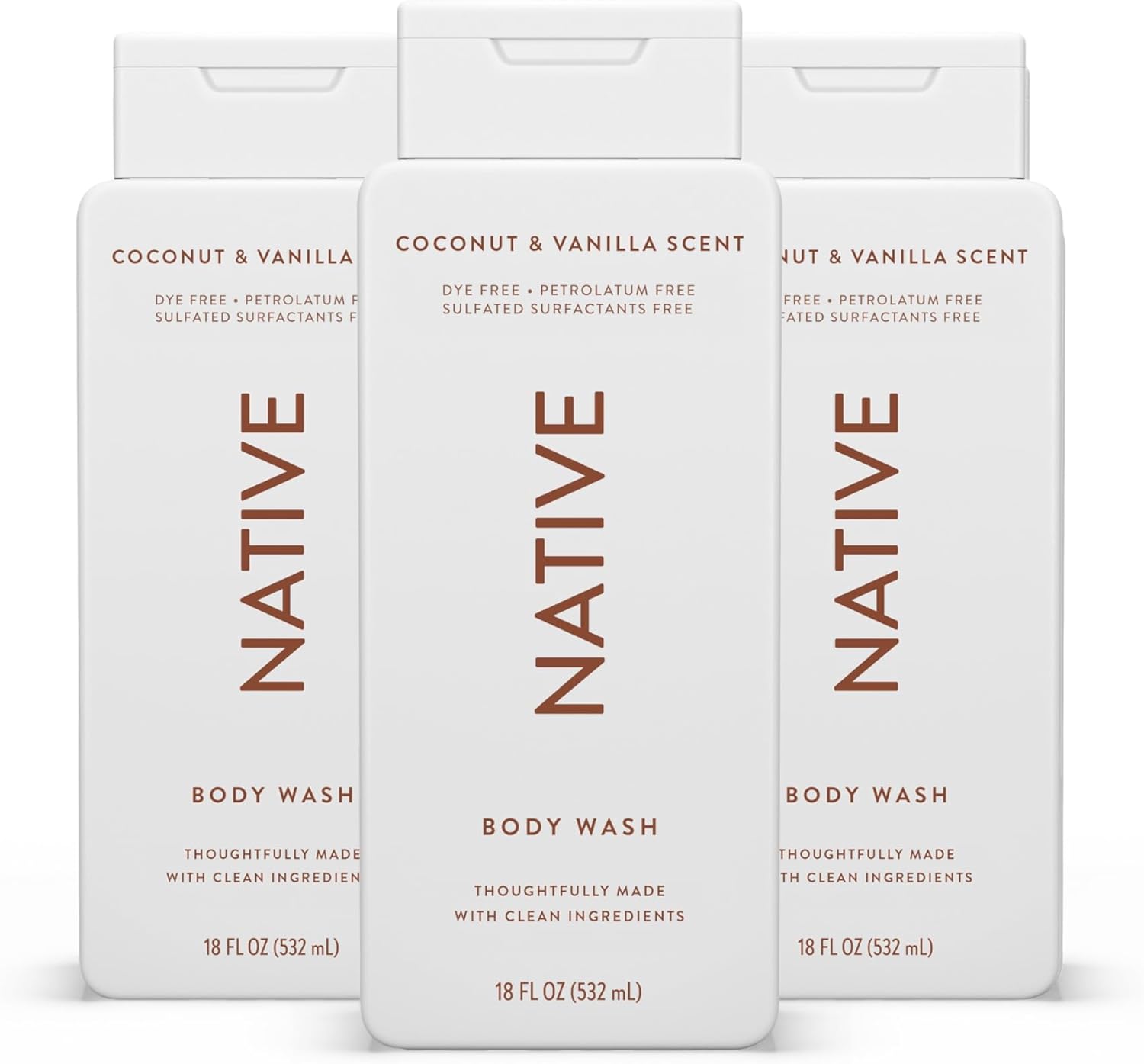 Native Shower Gel & Body Wash for Women & Men - Free of Sulphates & Dyes - Coconut & Vanilla Scent Body Soap - Gently Cleanses with Plant-Based ingredients (3 Pack, 532ml Each)