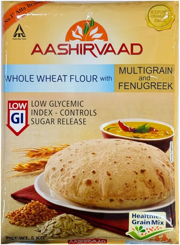 Aashirvaad Wheat Flour With Multigrain And Fenugreek Sugar Release Atta Low Glycemic Index Controls Sugar Release Healthier Grain Mix No Added Preservatives 5KG Pack Of 1