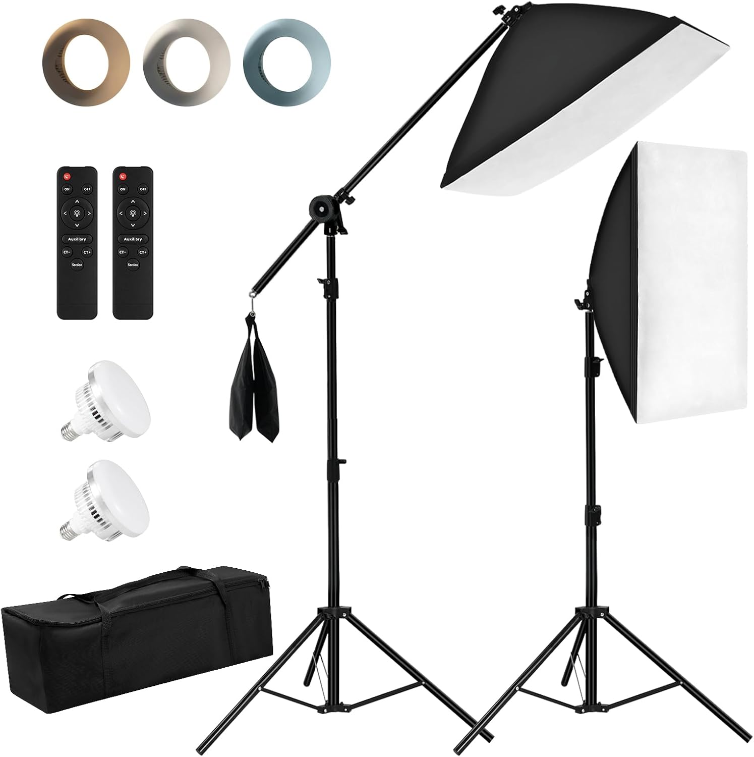 Niceveedi 50 * 70CM Photography Light Kit, 2-Pack 2700K-6500K Softbox with 85W Bulbs & 150CM Boom Arm, Video Light with 2 * 203CM Tripod, for Video Recording/Live Streaming/Portrait