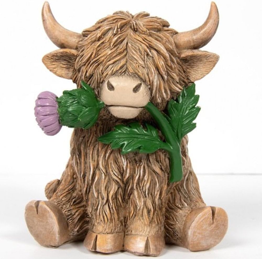 Lesser & Pavey Happy Highland Cow Highland Cow With Thistle Figurines & Ornaments For Home & Office | Decorative Home Accessories Statues For Indoor & Outdoor | Lovely Gifts for Women & Men