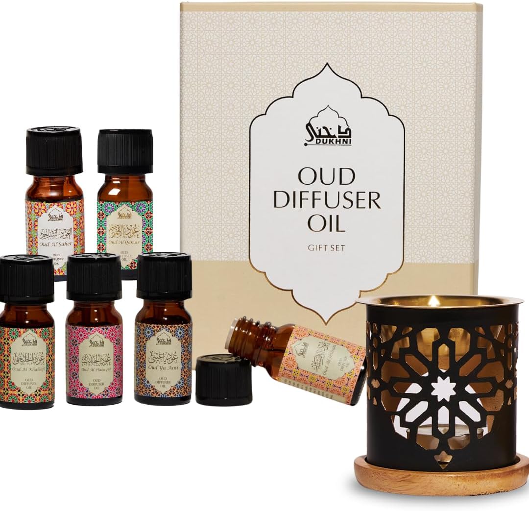 Oud Diffuser Oil Gift Set by Dukhni | 6 Essential Oils with Oil Diffuser | 10ml Arabic Oud Essential Oils & Candle Oil Burner| Home Aromatherapy, Prayer, Stress Relief, Candle Making | Islamic Gift