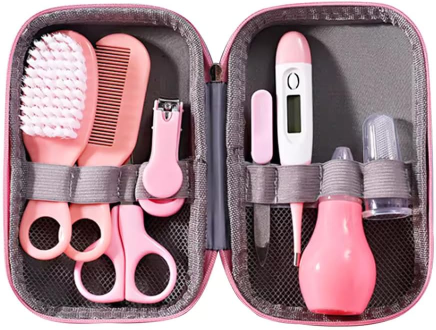 Baby Healthcare and Grooming Kit, Baby Safety Set Baby Comb, Brush, Finger Toothbrush, Nail Clippers, Scissors, Nasal Aspirator, Baby Essentials Nursery Care Kit - (Pink)