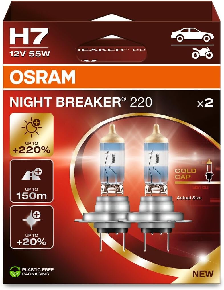 OSRAM NIGHT BREAKER 220, H7, +220% more brightness, halogen headlight lamp, 64210NB220-2HB, Folding Box (2 lamps), white