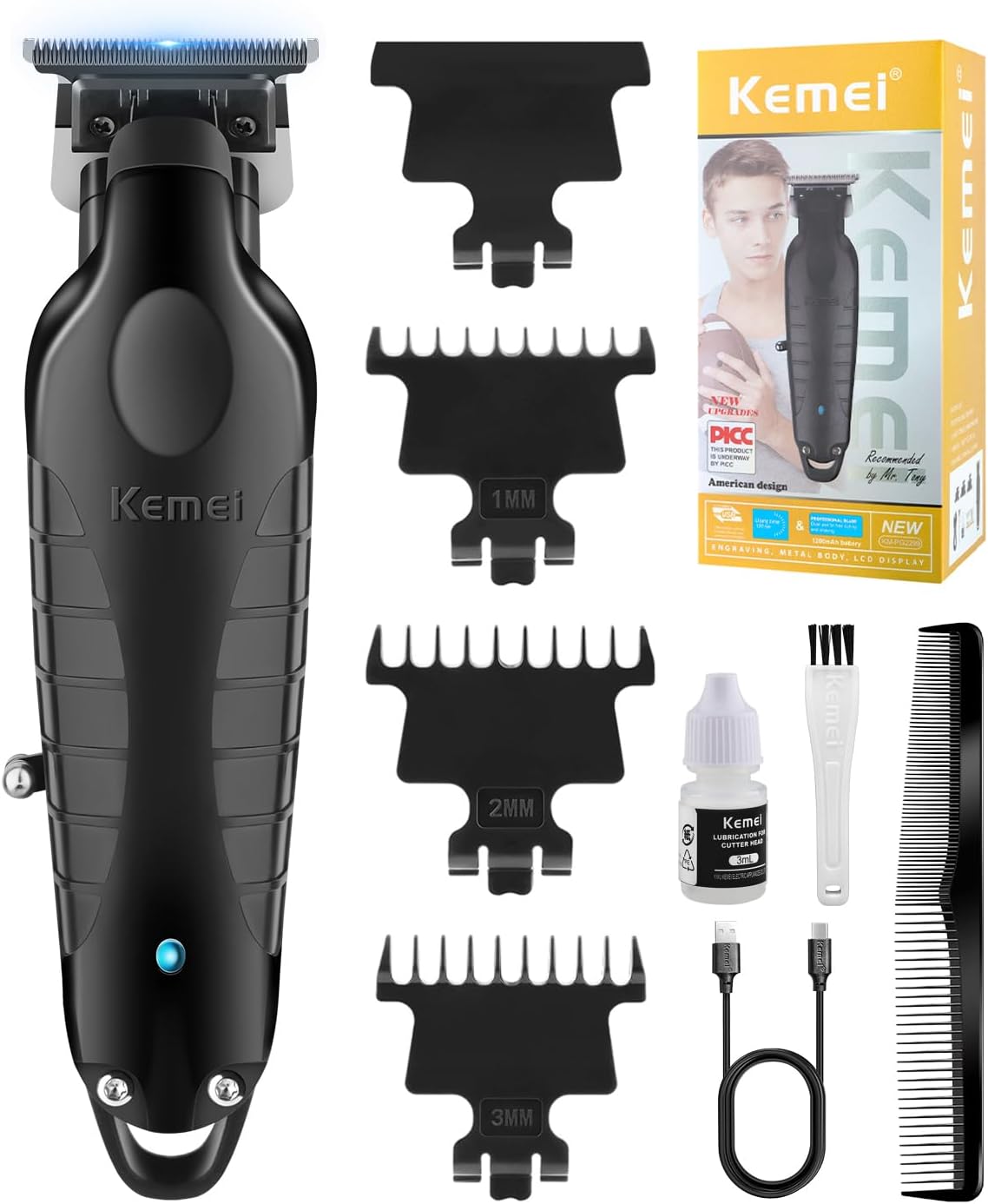KEMEI PG2299 Professional Hair Clippers for Men, Cordless Beard Trimmer, Electric T-Blade Zero Gap Hair Trimmer, USB Rechargeable with 3 Guide Combs