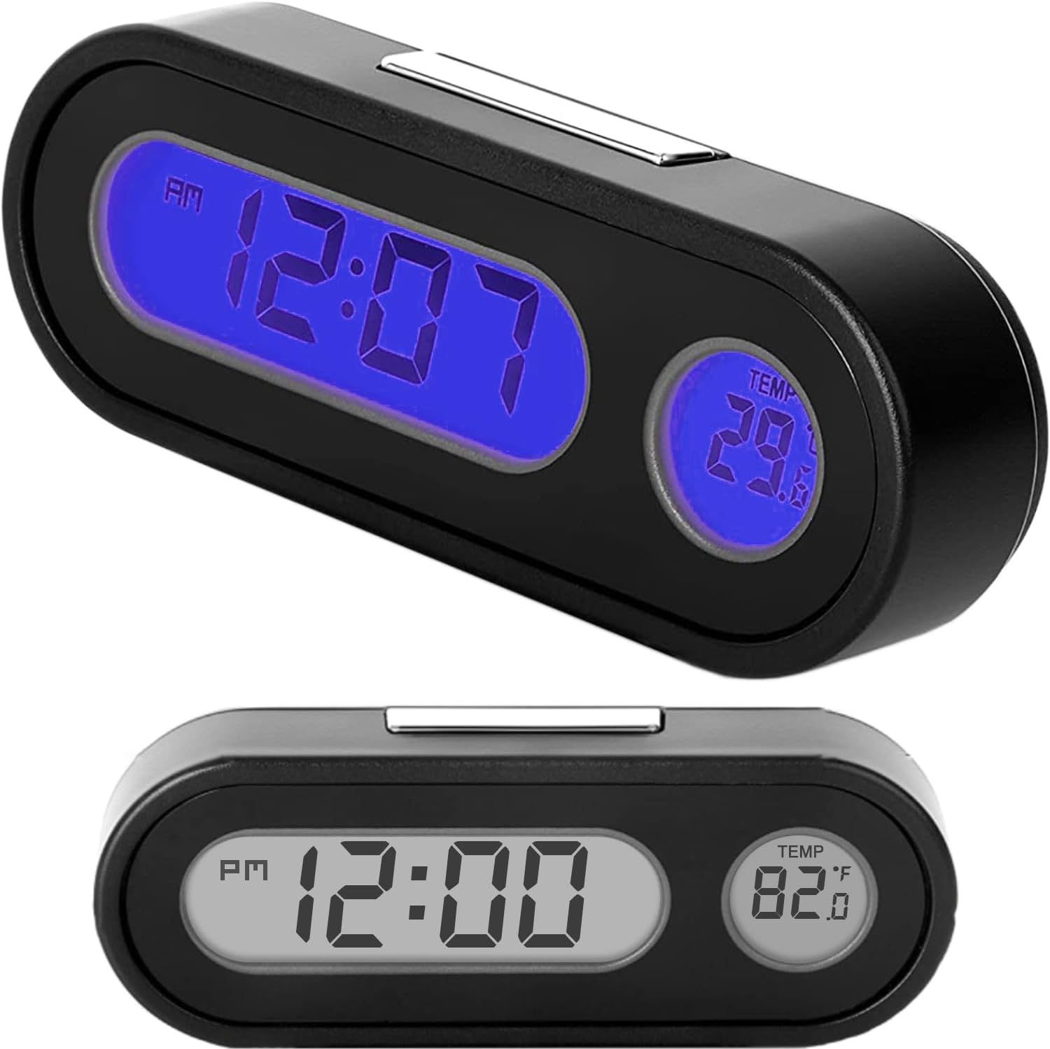 Car Clocks and Temperature with Fahrenheit Blue Backlight 2 in 1, Small Electronic Clock for Dashboard Car Clock, Vehicle Lcd Backlight Digital Dashboard Clock Mini Clock Adhesive (Includes Battery)