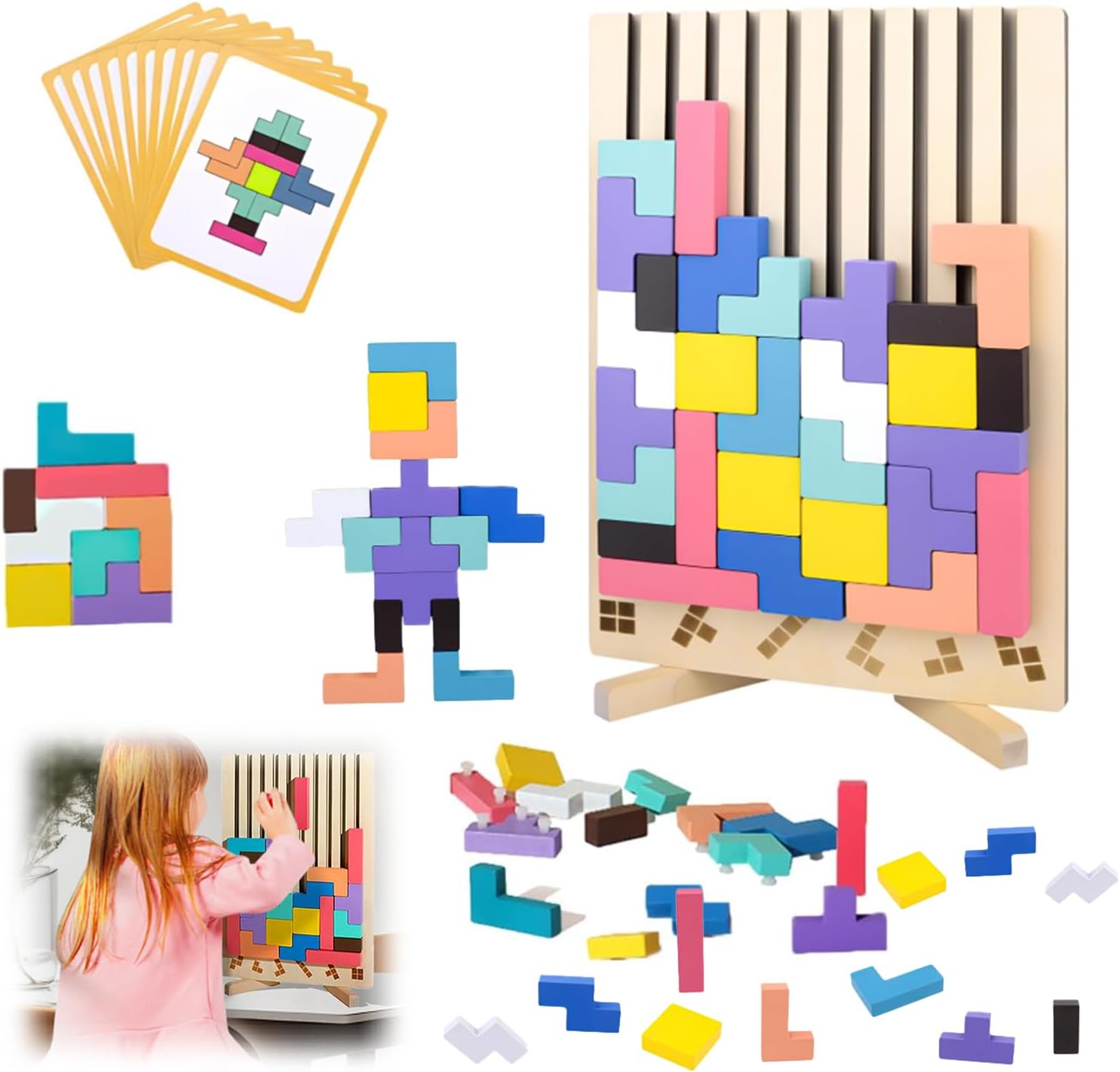 Gonggi Wooden Stacking Puzzle Blocks, 3D Brain Teaser Game for Kids & Adults, Stress Relief Colourful Intelligence Building Toy with 10 Challenge Cards, Fun Family Activity, for All Ages