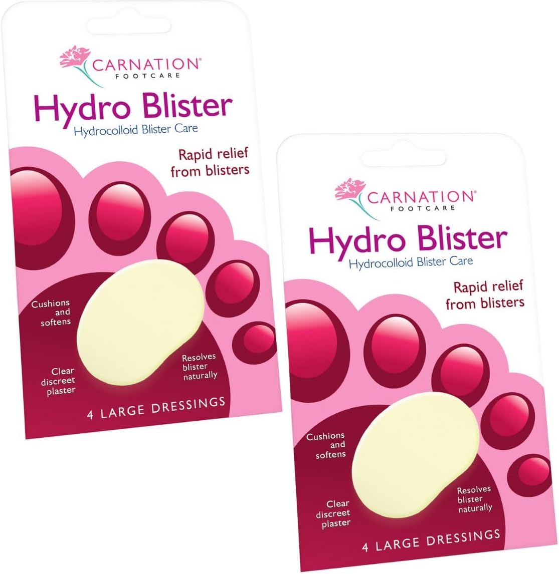 CARNATION Hydro Blister Plasters Offers Rapid Relief from blisters. Hydrocolloid Dressing Promotes Fast Healing. Relieves Friction. 2 Pack Size containing 8 Large dressings in Total.