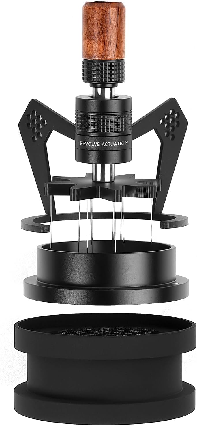 IKAPE Mantis WDT Distribution Tool, V3-54MM Espresso Stirrer Distribution Tool for Barista - 8 Needle Espresso Stirrer with Dosing Funnel & Stand, Adjustable Needle Height, Walnut Handle