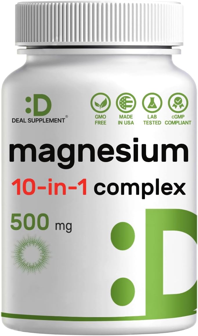 Magnesium Complex 500mg, 240 Veggie Capsules | 10-in-1 Glycinate, Citrate, Malate, & More | 100% Chelated for Easy Absorption | Essential Mineral Supplement for Muscle, Sleep, & Heart Health