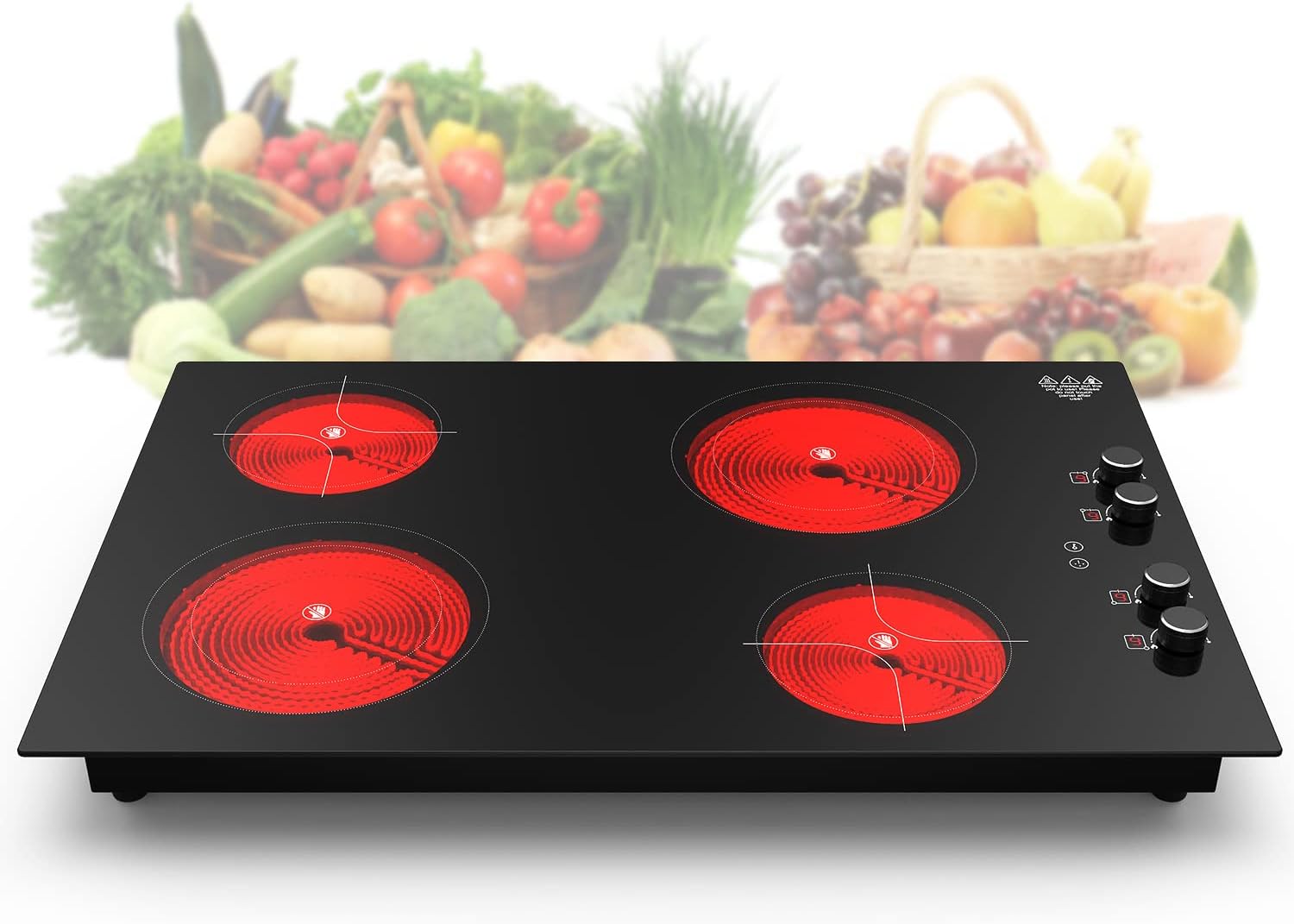 4 Burner Electric Cooktop,7200W Built-in & Countertop 4 Burner Electric Stove Top with 9 Power Levels, Child Safety Lock & 99mins Timer, 30 inch Electric Cooktop 220-240V (No Plug)
