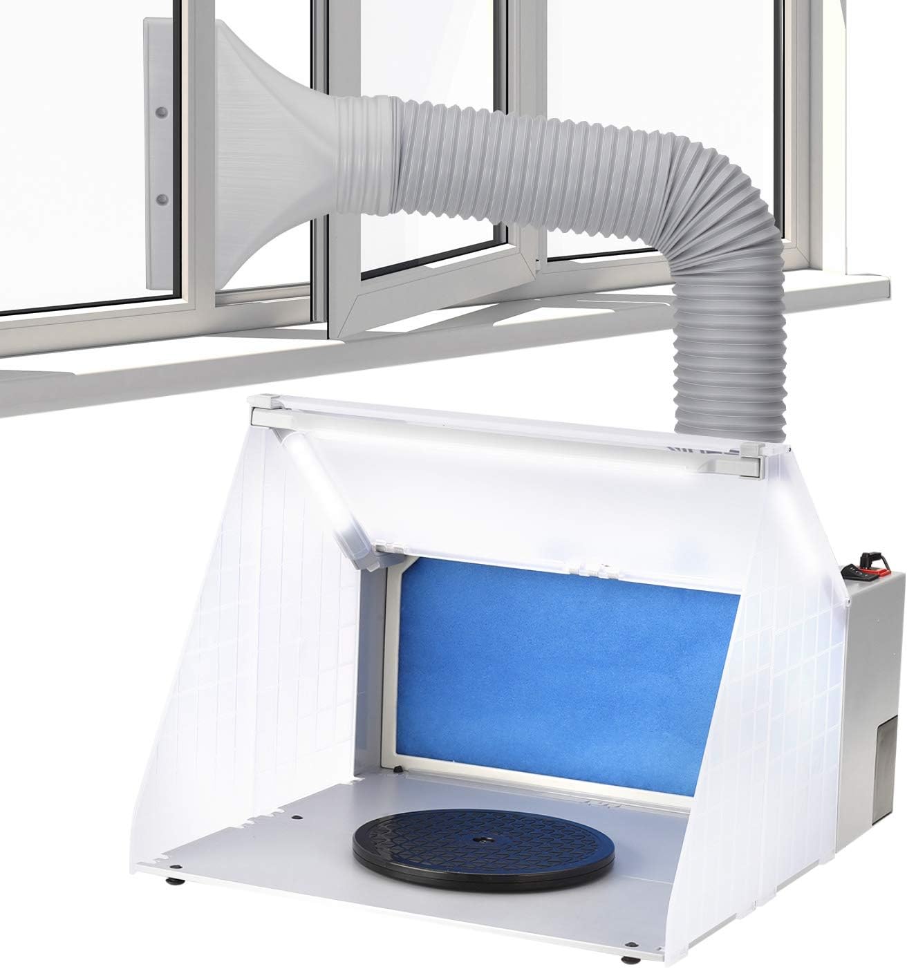 Anesty Airbrush Spray Booth with Bright LED Lights Turn Table Hose and Extra Replacement Filter, Portable Paint Booth Can be Used with LEDs Only ASPB01 White