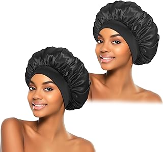 2Pcs Silk Bonnet for Sleeping, Satin Hair Bonnets, Soft Elastic Band Silk Sleep Cap, Hair Wrap for Women(Black)
