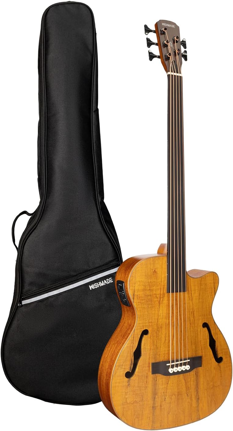 WISHMADE Natural Fretless 5 String Bass Guitar Hollow Body Acoustic Electric with F Holes and Wood Grain Finish for Adults Includes Gig Bag (NAT Fretless)